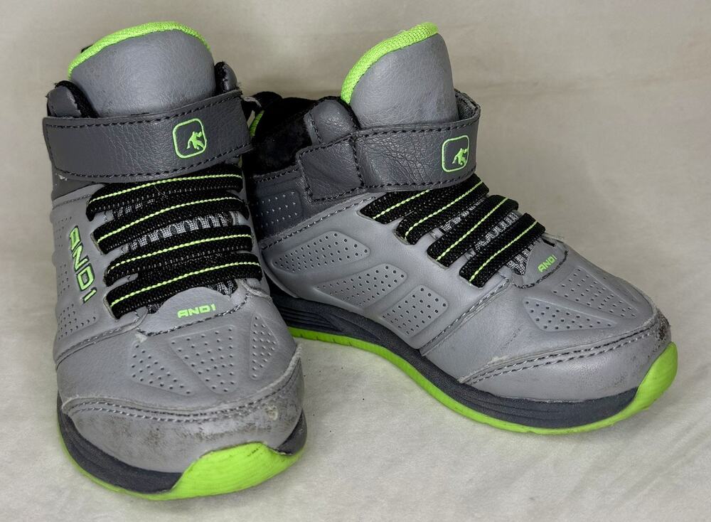 AND1 Boys Toddler Sz 7 Court High Top Sneakers Shoes Basketball Easy-On Grn/Gray